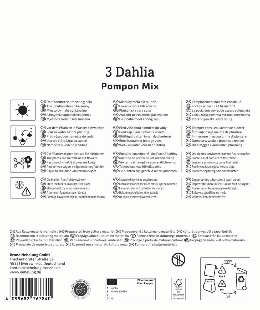 Pflanzenpass mit Pflanzenanleitung in mehreren Sprachen, Logos, Barcode und Recycling-Symbol.
