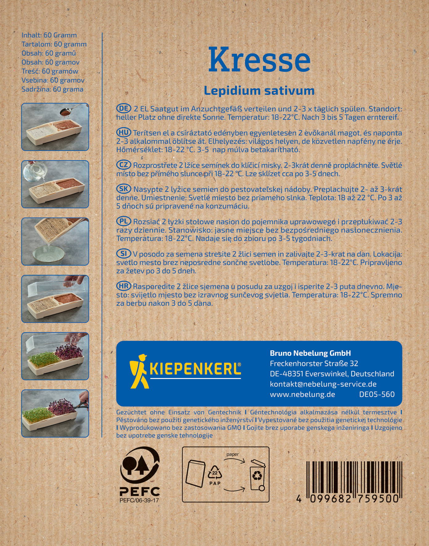 Anleitung in mehreren Sprachen, Bilder von Saatgut, Wasser, Sand, Pflanzen, Verpackung, Verpackung, Barcode und Recycling-Symbole.
