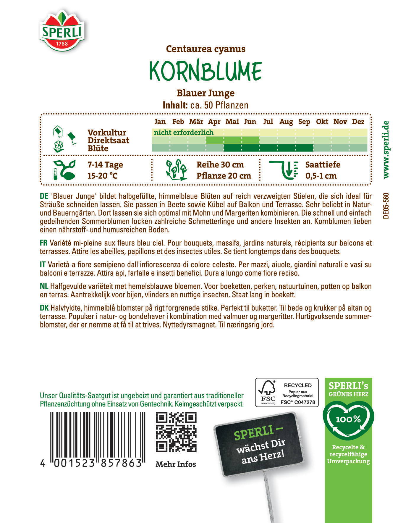 Blauer Junge Kornblume, blühende, halbgefüllte Blüte auf langen Stielen, ideal für Beete, Balkone, Terrassen.