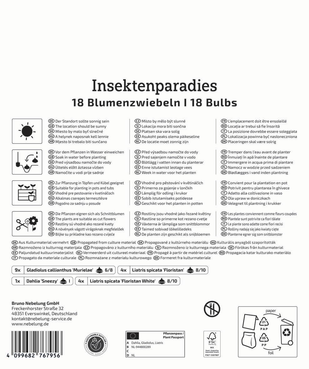Produktbeschreibung mit 18 Blumenzwiebeln, Anbauhinweisen in mehreren Sprachen, Pflanzempfehlungen, und Herstellerangaben.