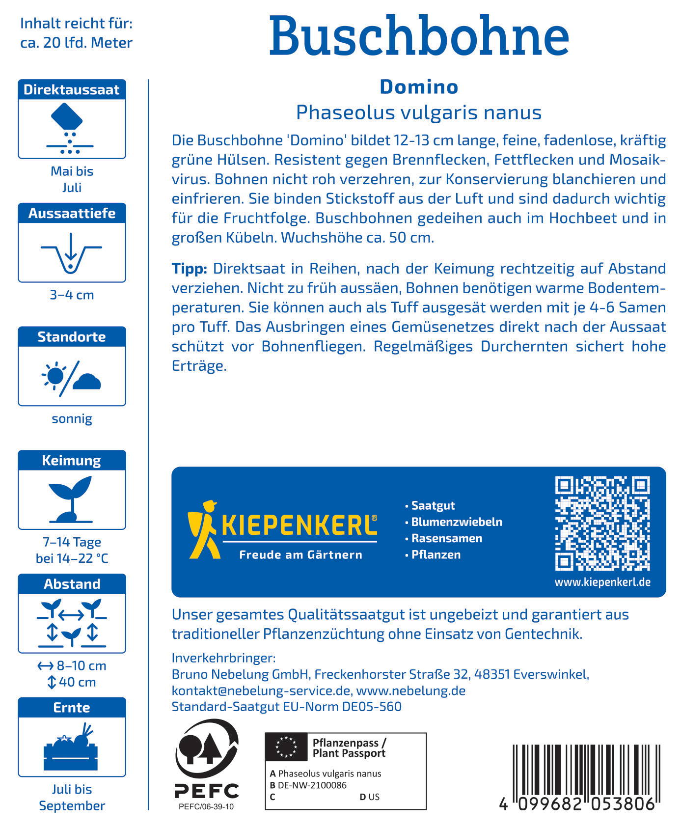 Buschbohne in einem Beutel aufgedrucktes Etikett mit Text und QR-Code