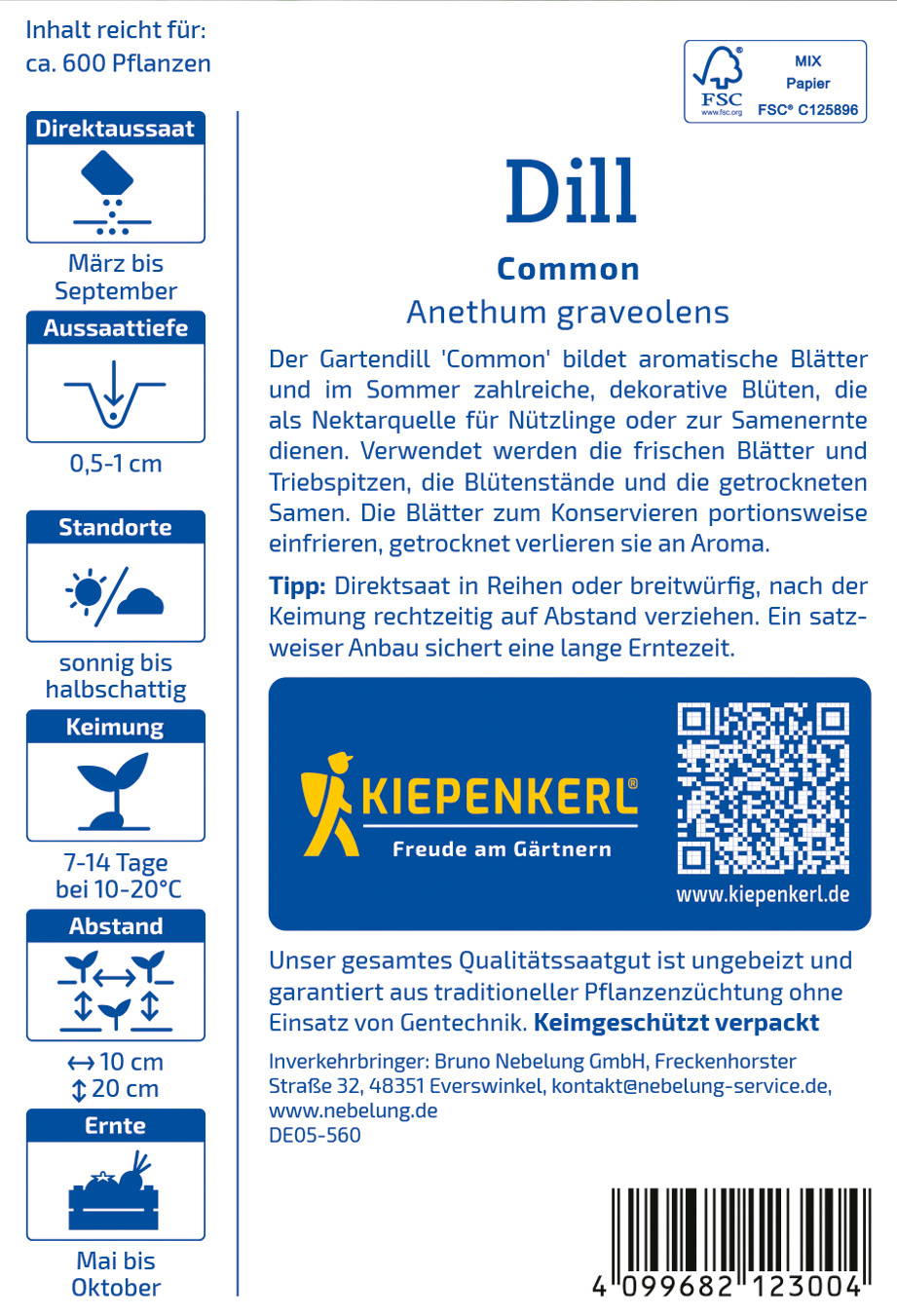 Kräuter- und Blühensamen für Dill, Anethum graveolens, mit Text und QR-Code auf weißem Hintergrund.
