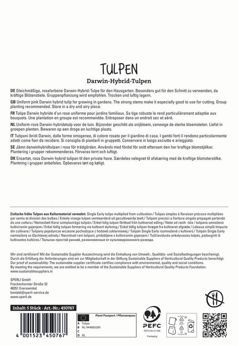 Text beschreibt eine Anleitung und Produktinformationen zu Darwin-Hybrid-Tulpen in mehreren Sprachen.