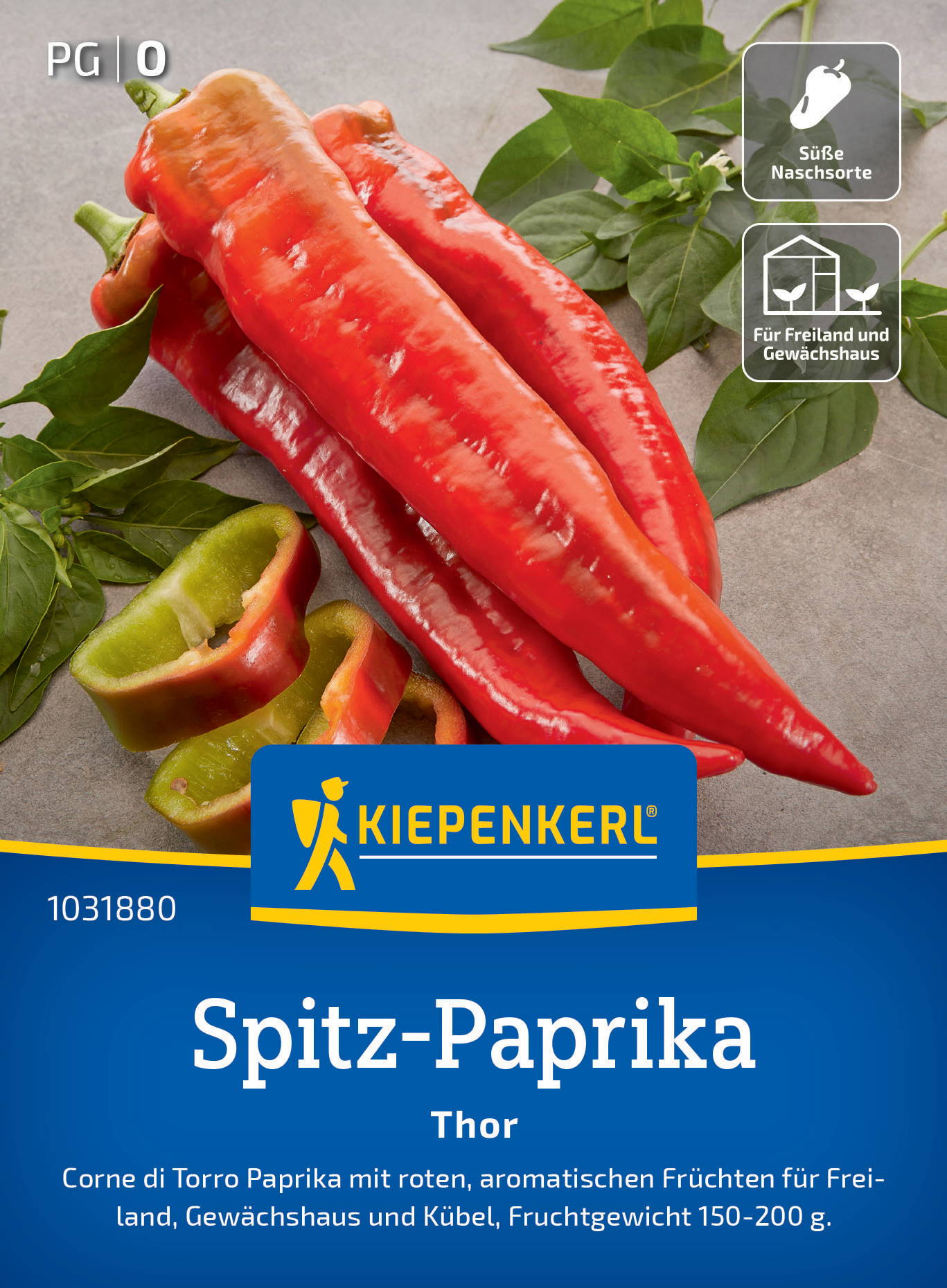 Rote und grüne Spitzpaprika mit grünen Blättern, Verpackung mit Kiepenkerl Logo und Produktbeschreibung.