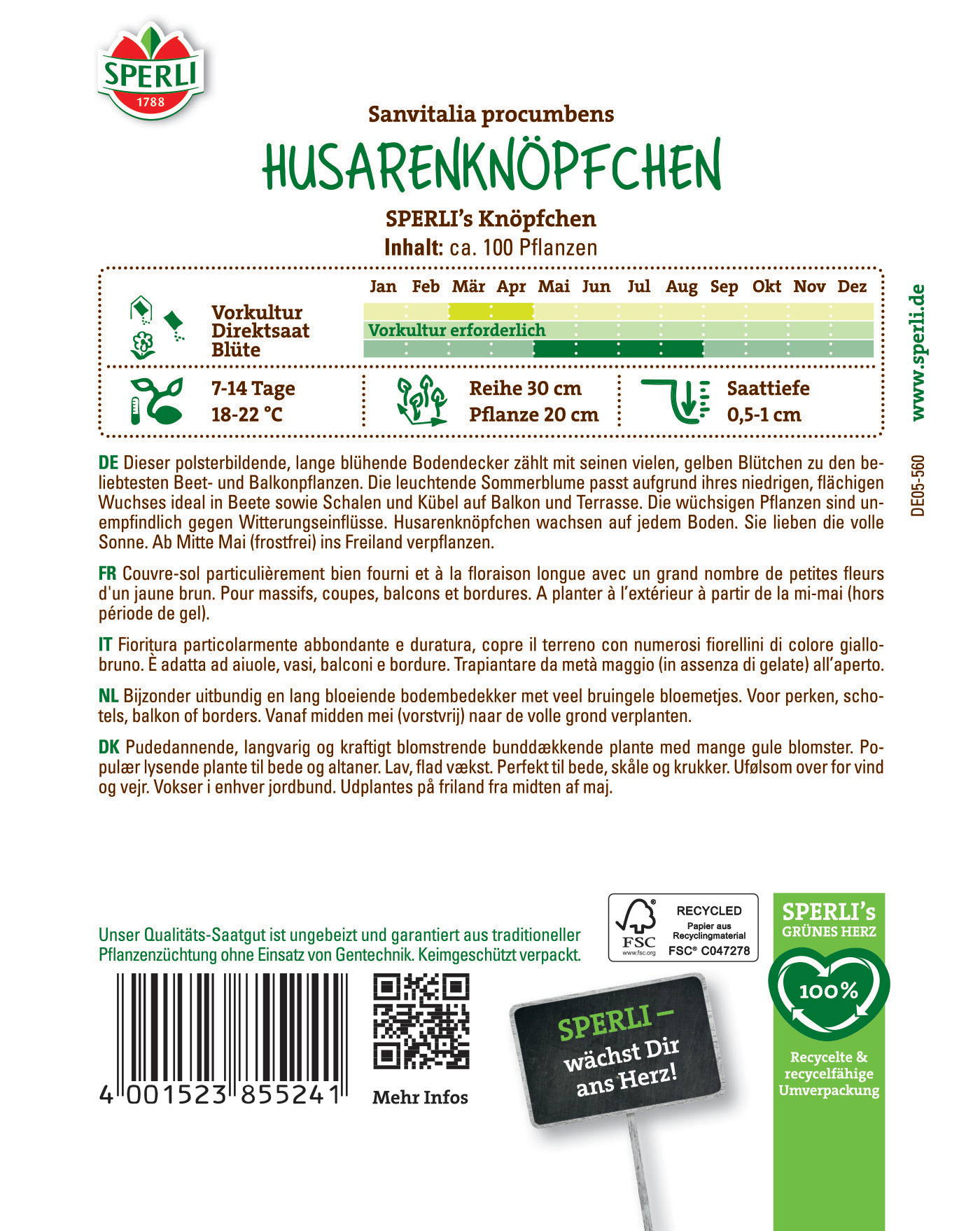 Husarenknöpfchen, gelbe Blüten, Beete und Balkon, wächst ab Mitte Mai, benötigt 7-14 Tage, 18-22 Grad Celsius.
