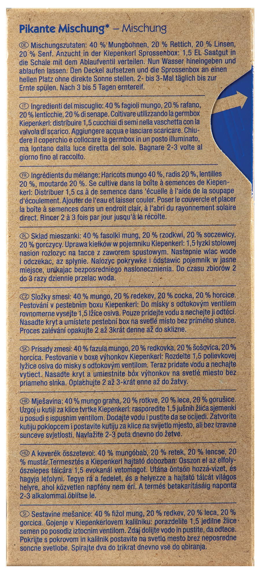Anleitung für die Zubereitung einer pikanten Bohnensaatgut-Mischung in ungeöffneter Verpackung.