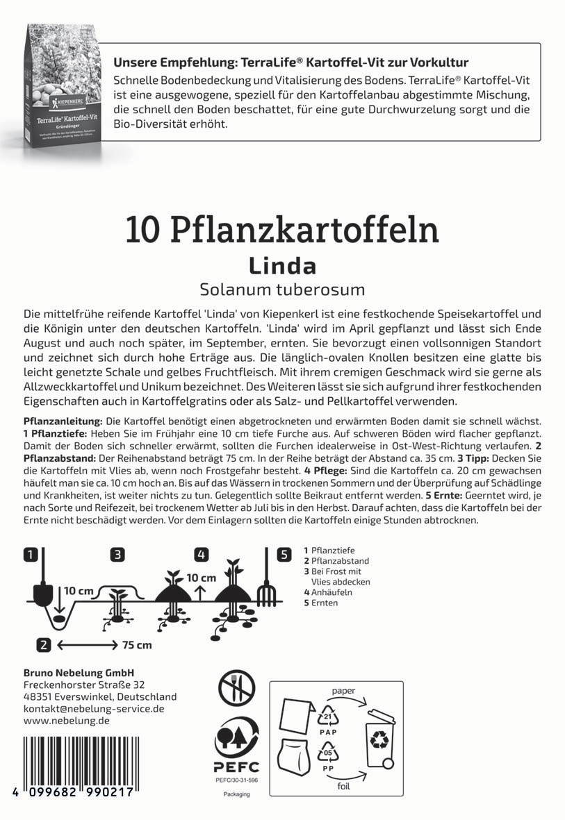 Informationstext und Abbildungen zu Pflanzanleitung für Kartoffelsorte Linda, inklusive Symbole und Kontaktadresse.