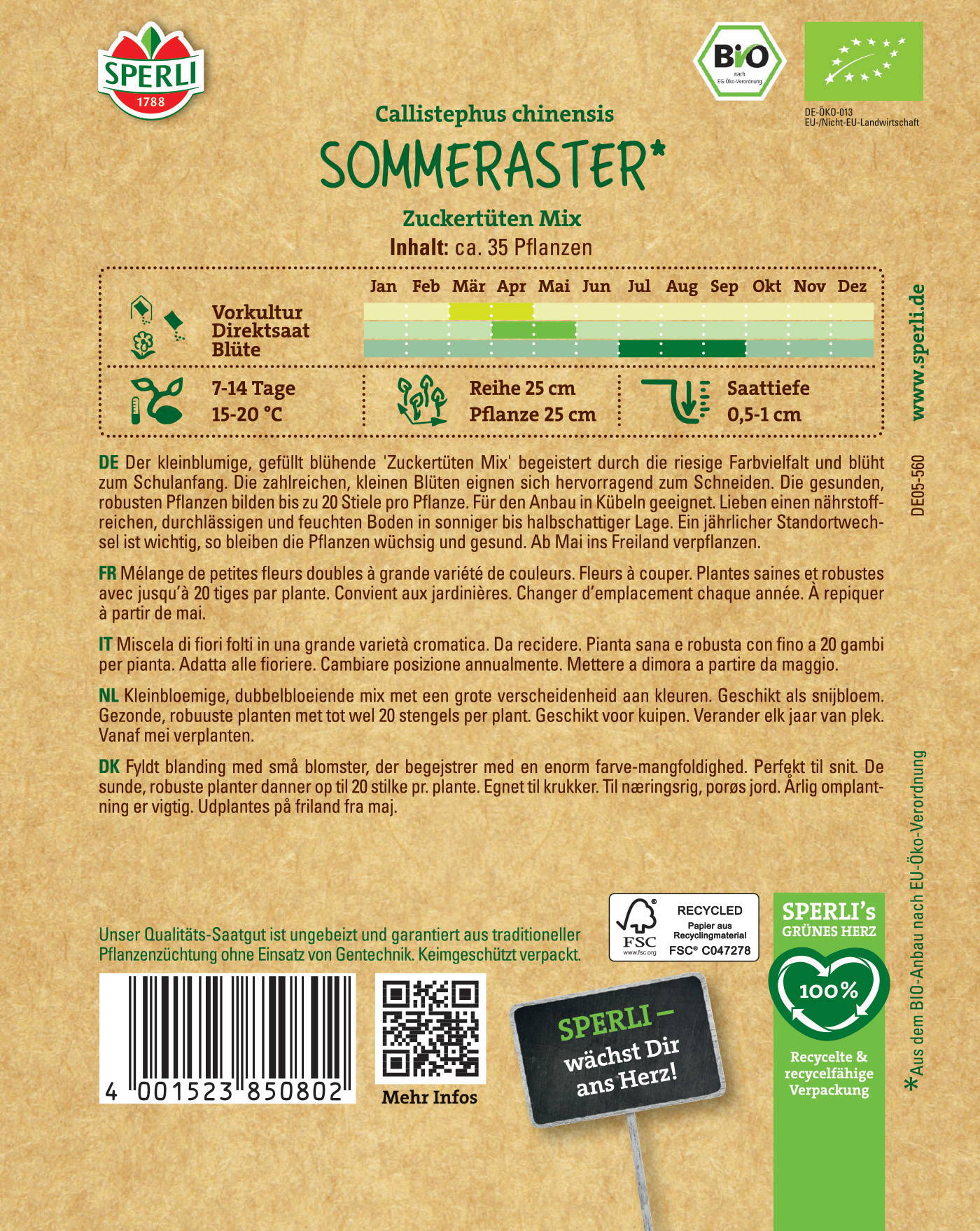 Bunte Packungsbeilage mit Text, Diagrammen und Logos zu Callistephus chinensis Sommerster Zuckertüten-Mix.