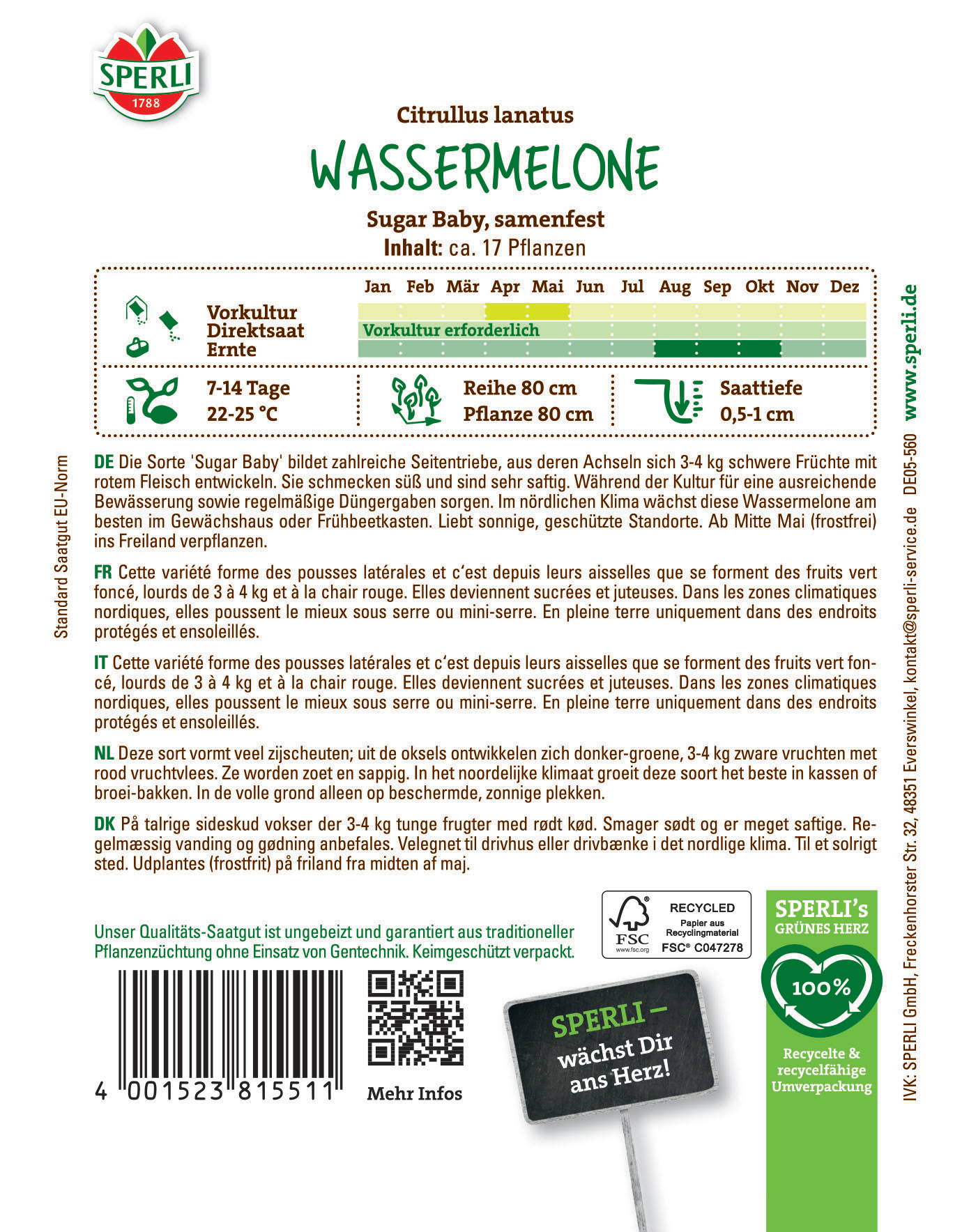 Etikett mit Wassermelonen-Samen, Wachstumszeit, Temperaturbereich und Pflegehinweisen in mehreren Sprachen.