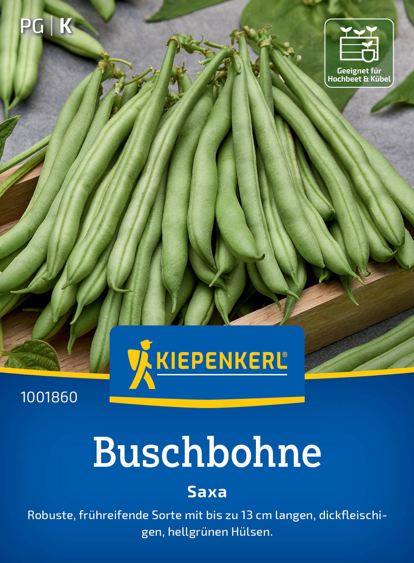 Grüner Buschbohnen-Samen in einer Schachtel, mit Text und Logo auf der Verpackung.
