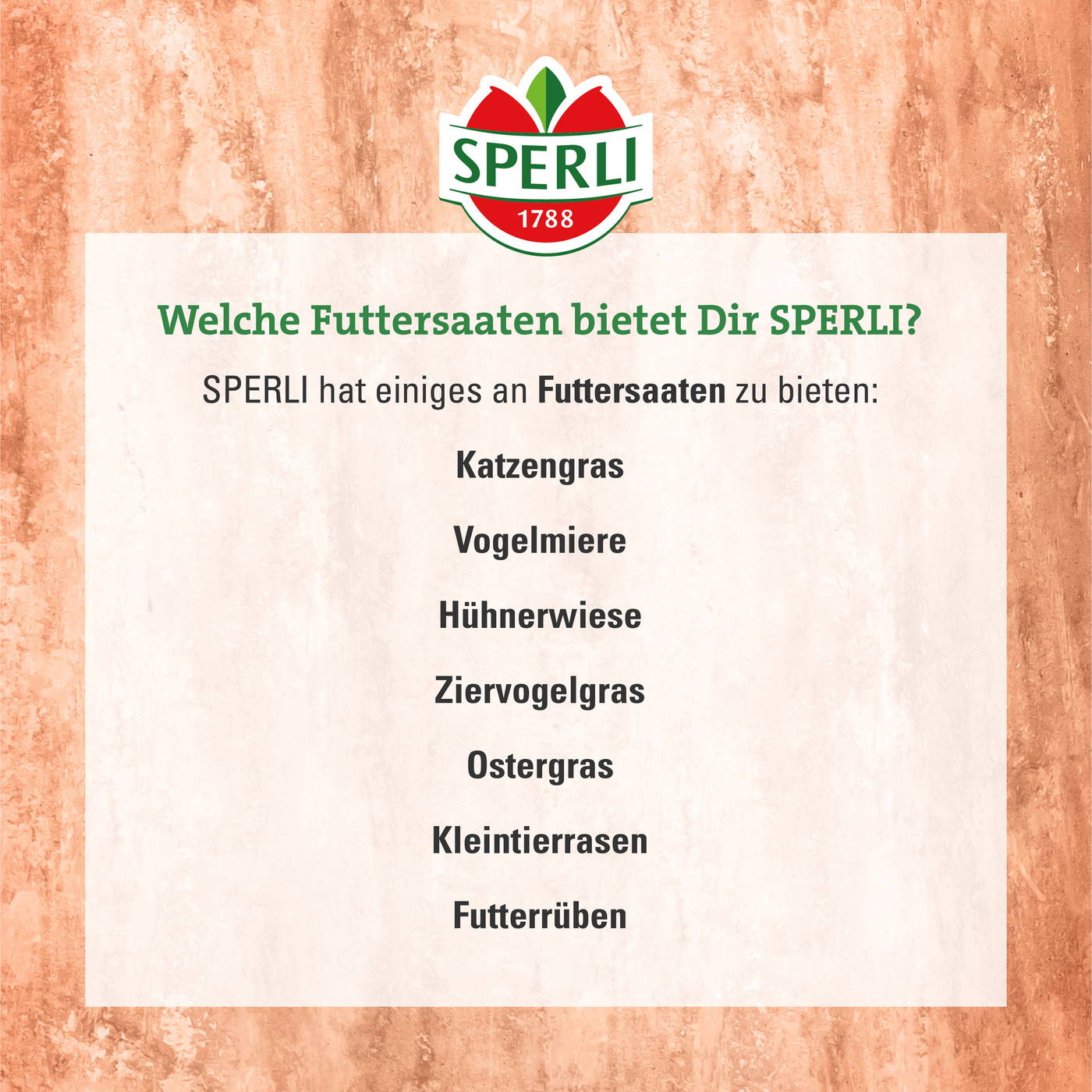 Schild mit grün-weißer Überschrift, Liste mit verschiedenen Tierfuttersorten, Markenlogo oben.