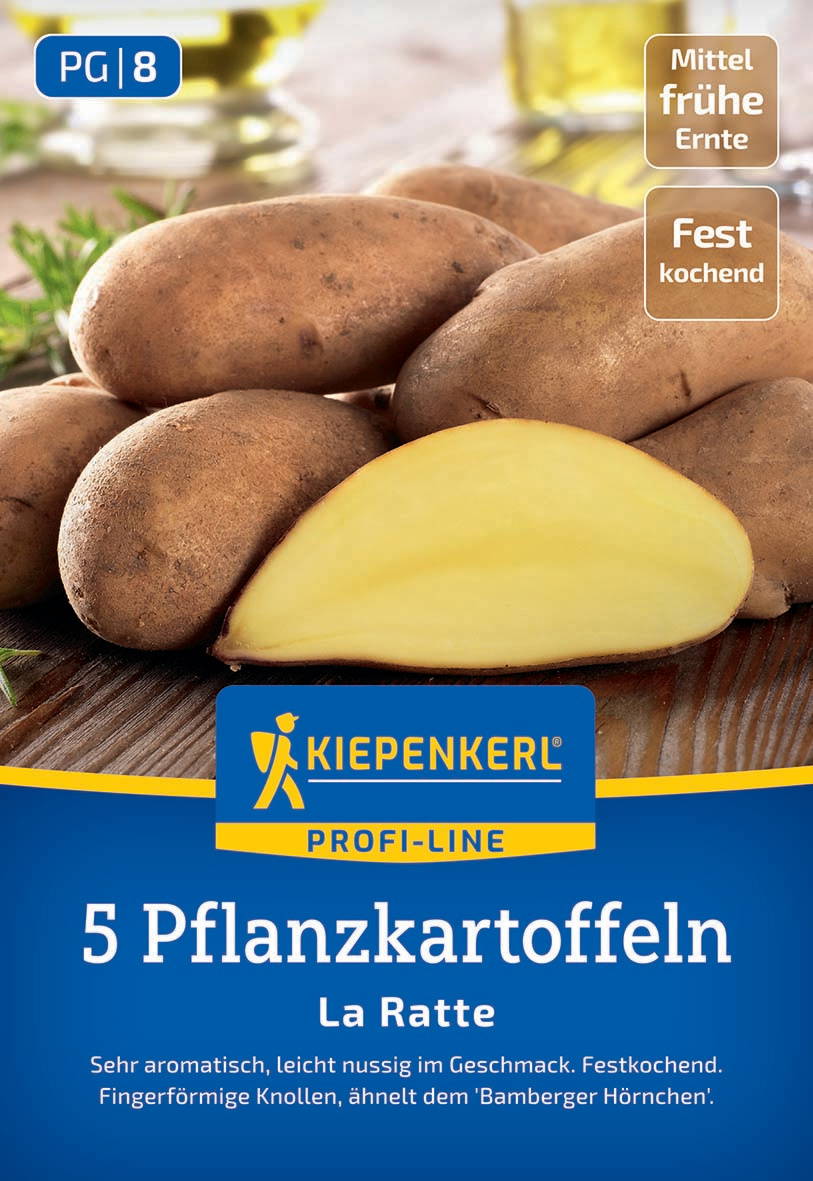 Fünf rohe Kartoffeln, eine halbierte Kartoffel, braune Schale, auf Holzuntergrund, Verpackung mit blauer und gelber Beschriftung.