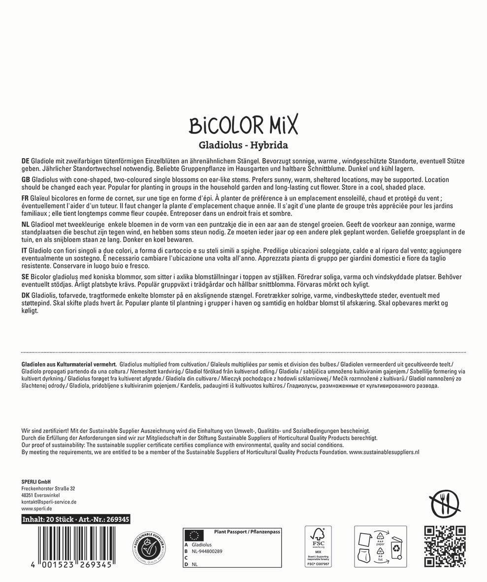 Text auf der Verpackung mit Informationen über Gladiolus-Sorten, Pflegehinweisen und Nachhaltigkeitszertifikat.