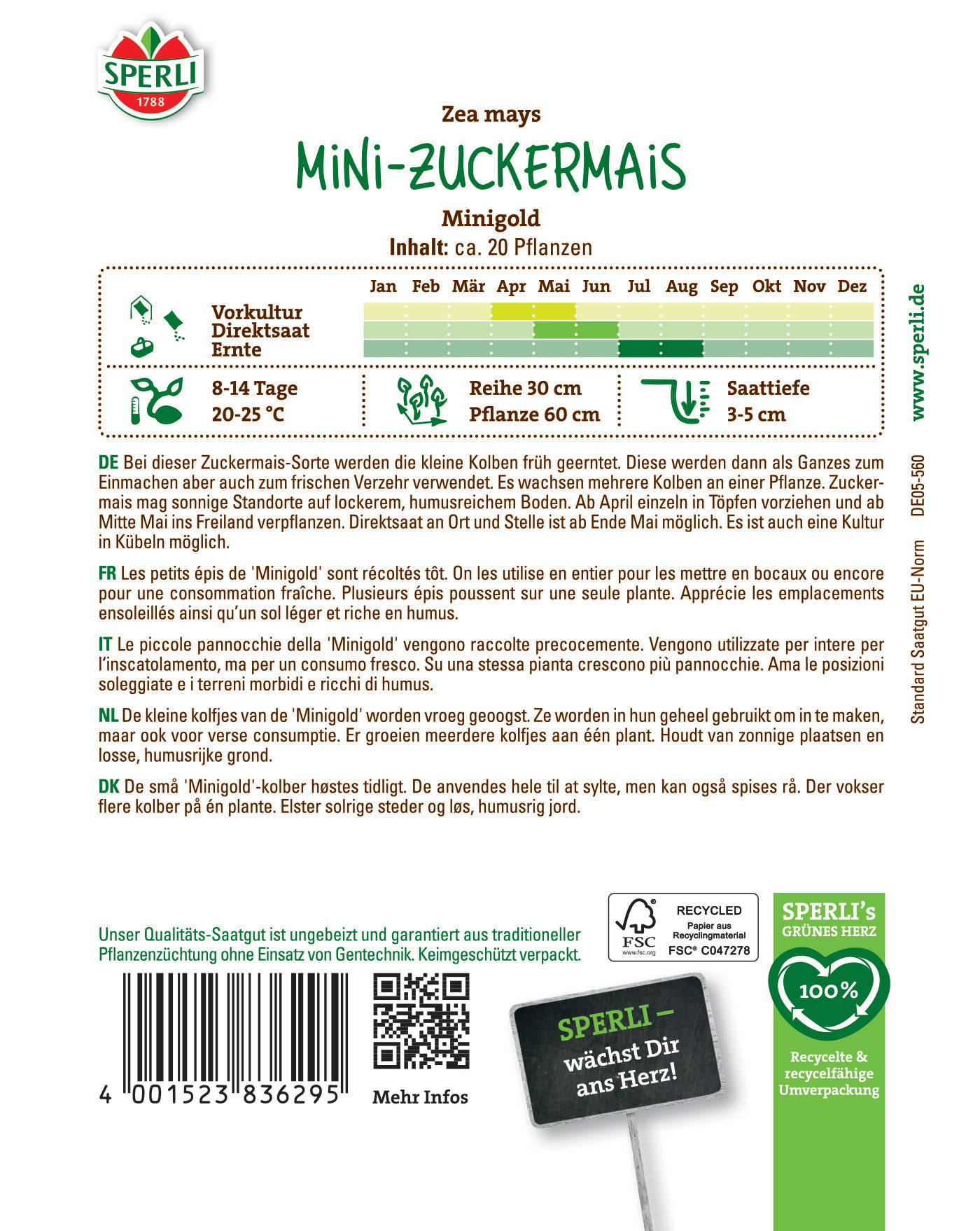 Mini-Zuckermais mit Mini-Gold-Logo, ca. 20 Pflanzen, Monate Januar bis Dezember, mit Textinformationen.