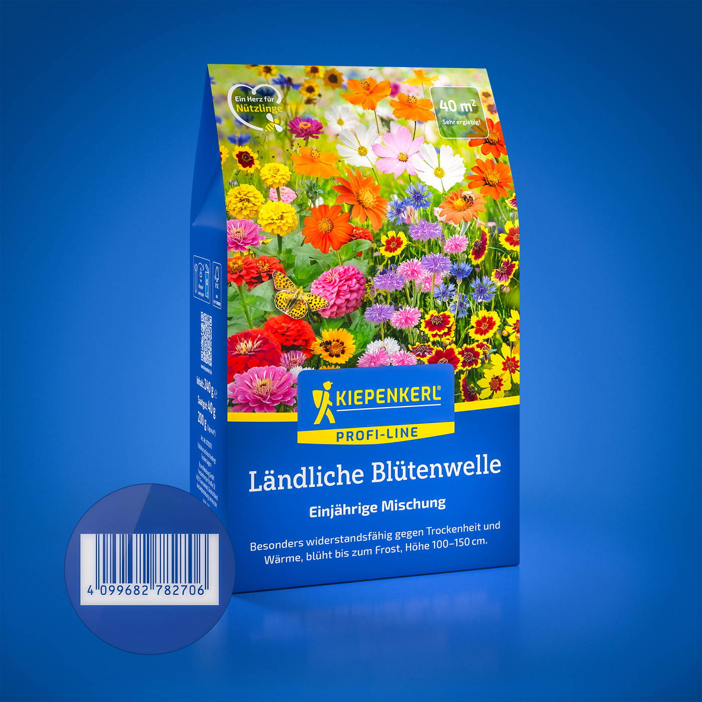 Bunte Blühwiese mit verschiedenen Blumen, Verpackung von Kiepenkerl, blauer Hintergrund, Barcode sichtbar.