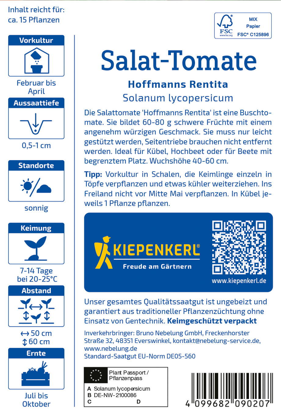 Samentüte mit Salat-Tomate Hoffmanns Rentita, Solanum lycopersicum, Anzuchttüte, April bis Oktober.