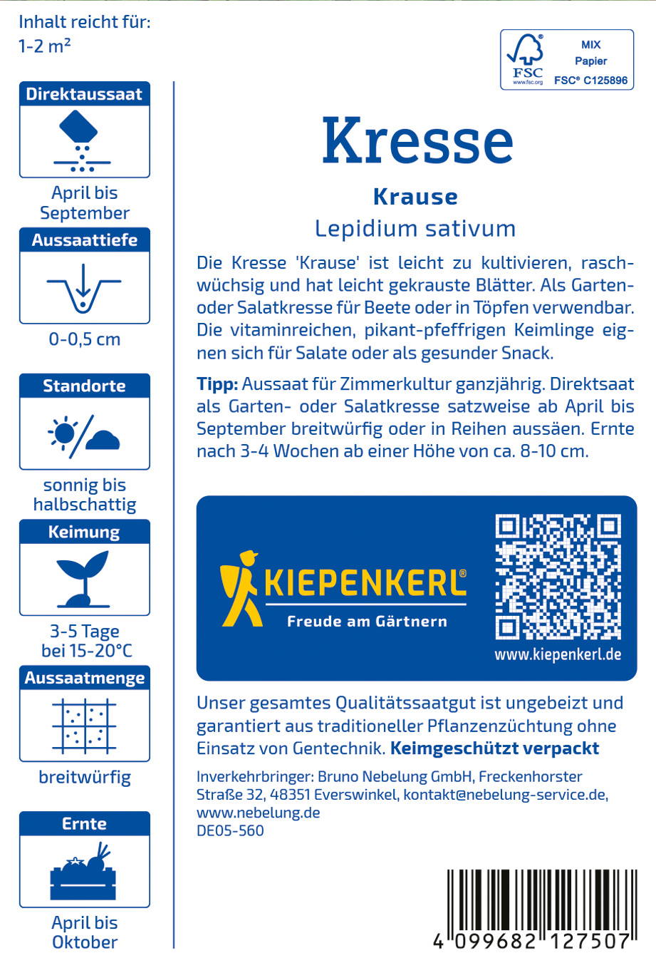 Pflanzensamen für Kresse, gebohrt, für Beet oder Salat, im Kreisformat, in Packung mit QR-Code und Herstellerlogo.