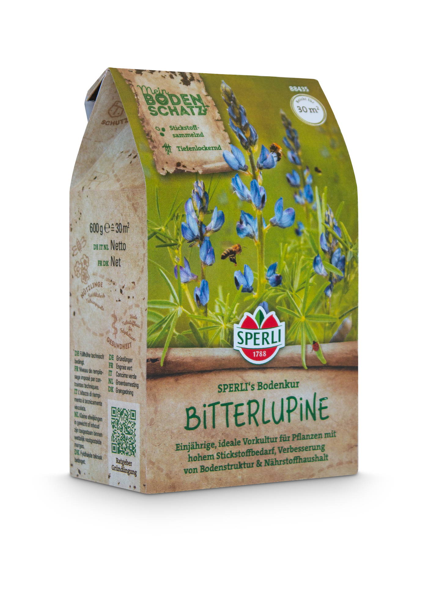 Samentüte mit blauen Bitterlupinen und Bienen auf grünem Hintergrund, Markenname Sperli, Text auf Deutsch.
