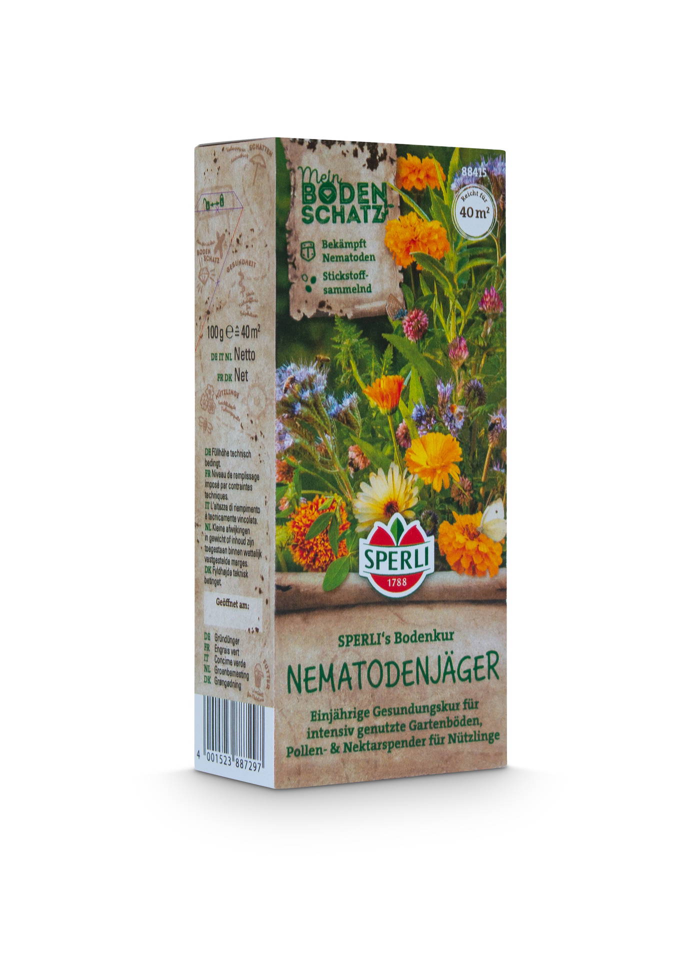 Blumenp fest im Garten, Verpackung für Nematodenjäger mit bunten Blumen auf der Vorderseite.