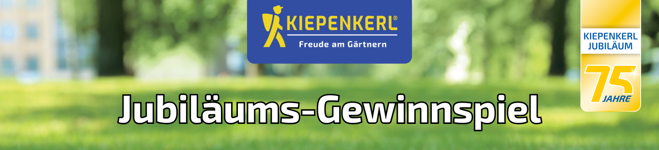 Banner mit bluegelbem Logo oben, grüner Rasen und Bannertext Jubiliäums-Gewinnspiel.