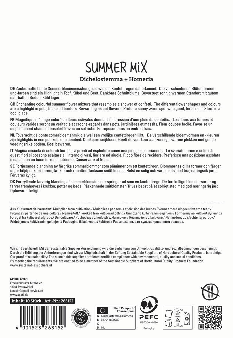 Text mit Sommerblumen, Beschreibungen in mehreren Sprachen, Pflanzenschutzsymbole, Barcode, Produktinformationen.