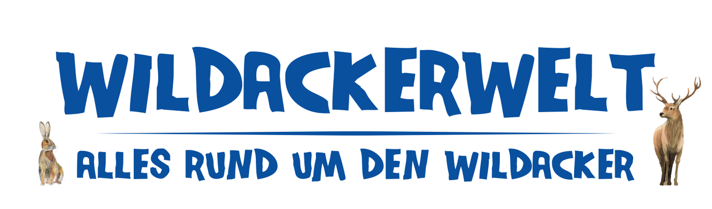 Blauer Schriftzug 'WILDACKERWELT' mit Hase links und Hirsch rechts