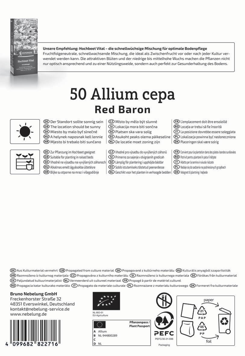Produktverpackung für Allium cepa Red Baron mit Pflanzhinweisen in mehreren Sprachen, Logos, Adresse und Barcode.