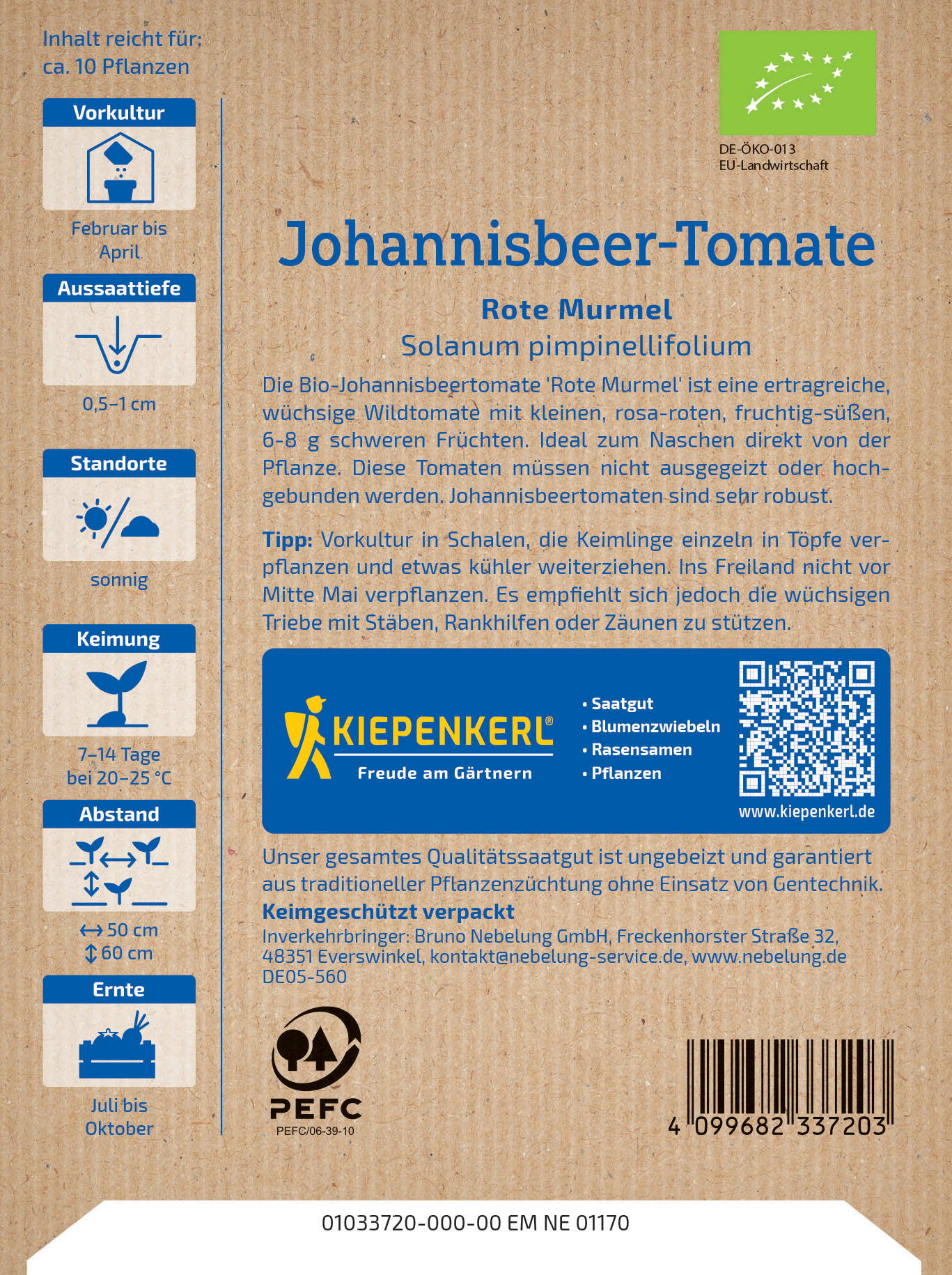 Beschreibung des Textes auf der Verpackung für Johannisbeer-Tomaten, inklusive Anbau, Standort, Pflegehinweise und Hersteller.