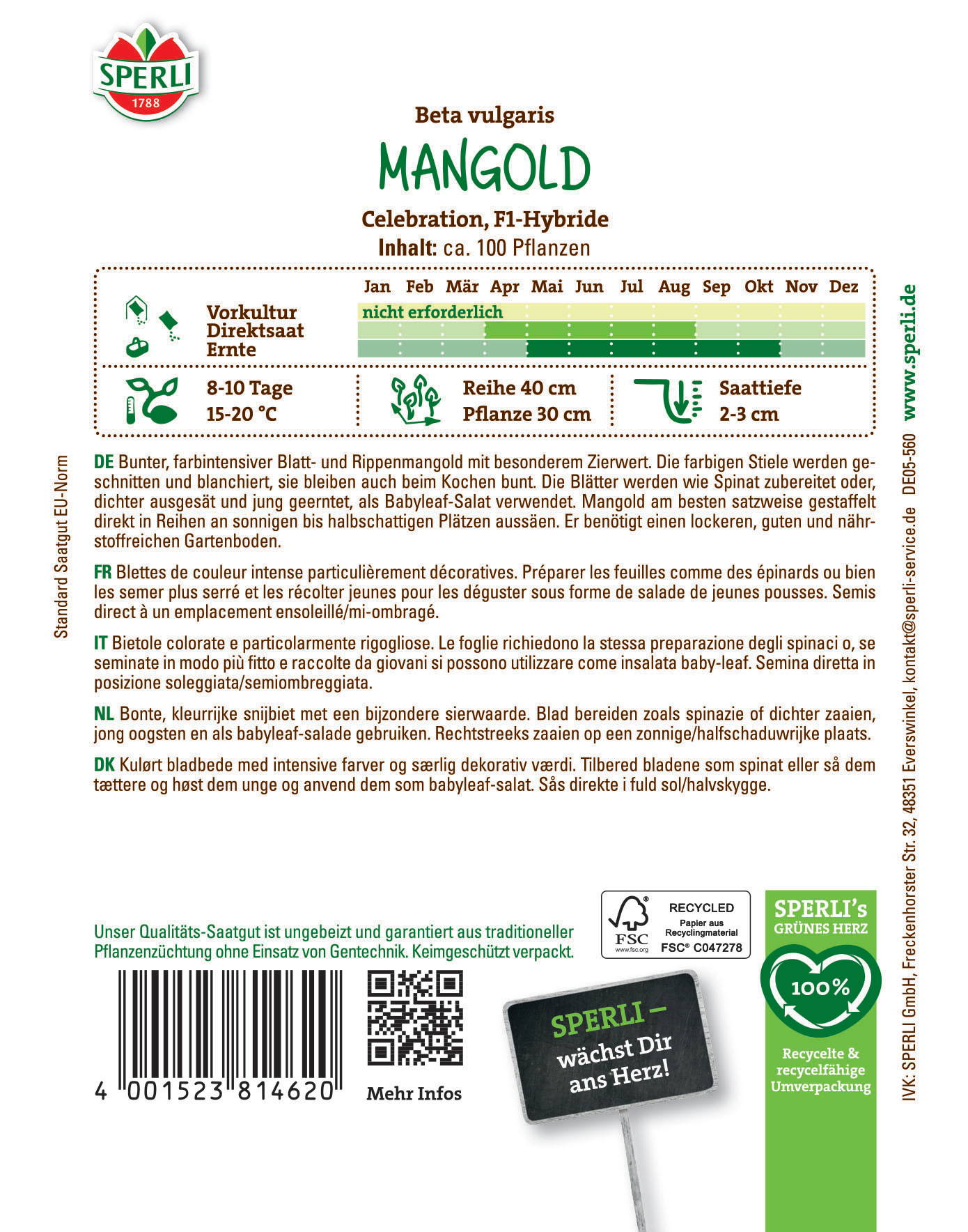 Bunter Blatt- und Rippenmangold mit Zierwert, geschnitten, blanchiert, aufsaßbar, direkt in Reihen an Sonnenplätzen.
