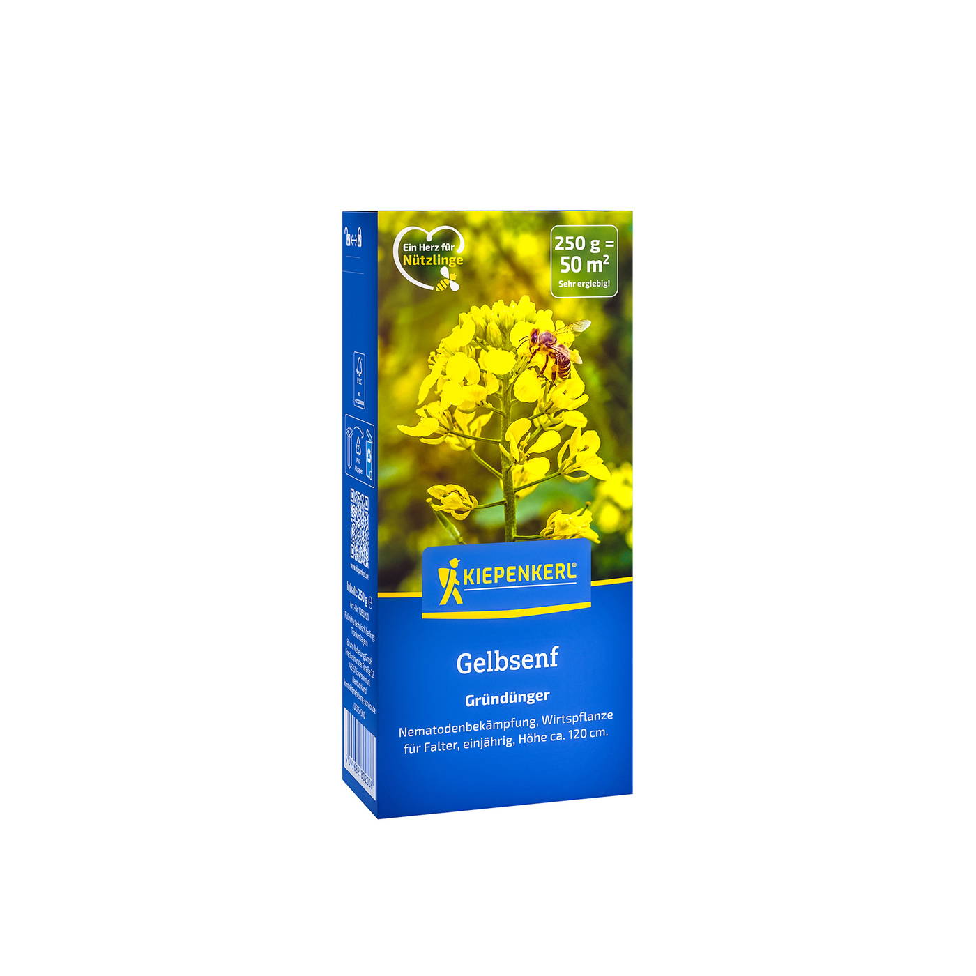 Blumen Saatgutverpackung mit gelber Blume und Biene auf grünem Hintergrund, blaue Box mit Kiepenkerl-Logo.