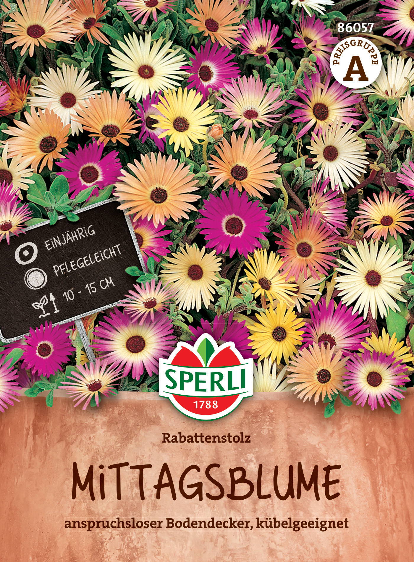 Bunte Mittagsblumen in einem Pflanzkübel, mit Schild und Verpackung.