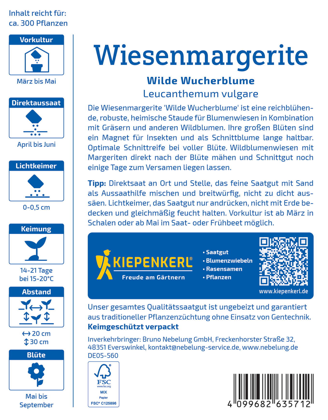 Informationsblatt über Wiesenmargerite mit Text, Symbole, QR-Code, Barcode, Firmenlogo und Kontaktangaben.