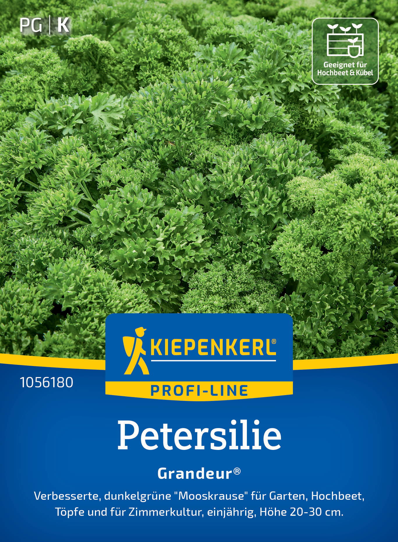 Grüne Petersilienpflanzen mit lockigem Blattwerk; Verpackung mit Kiepenkerl-Profi-Linie Label, Hinweis auf Hochbeetnutzer.