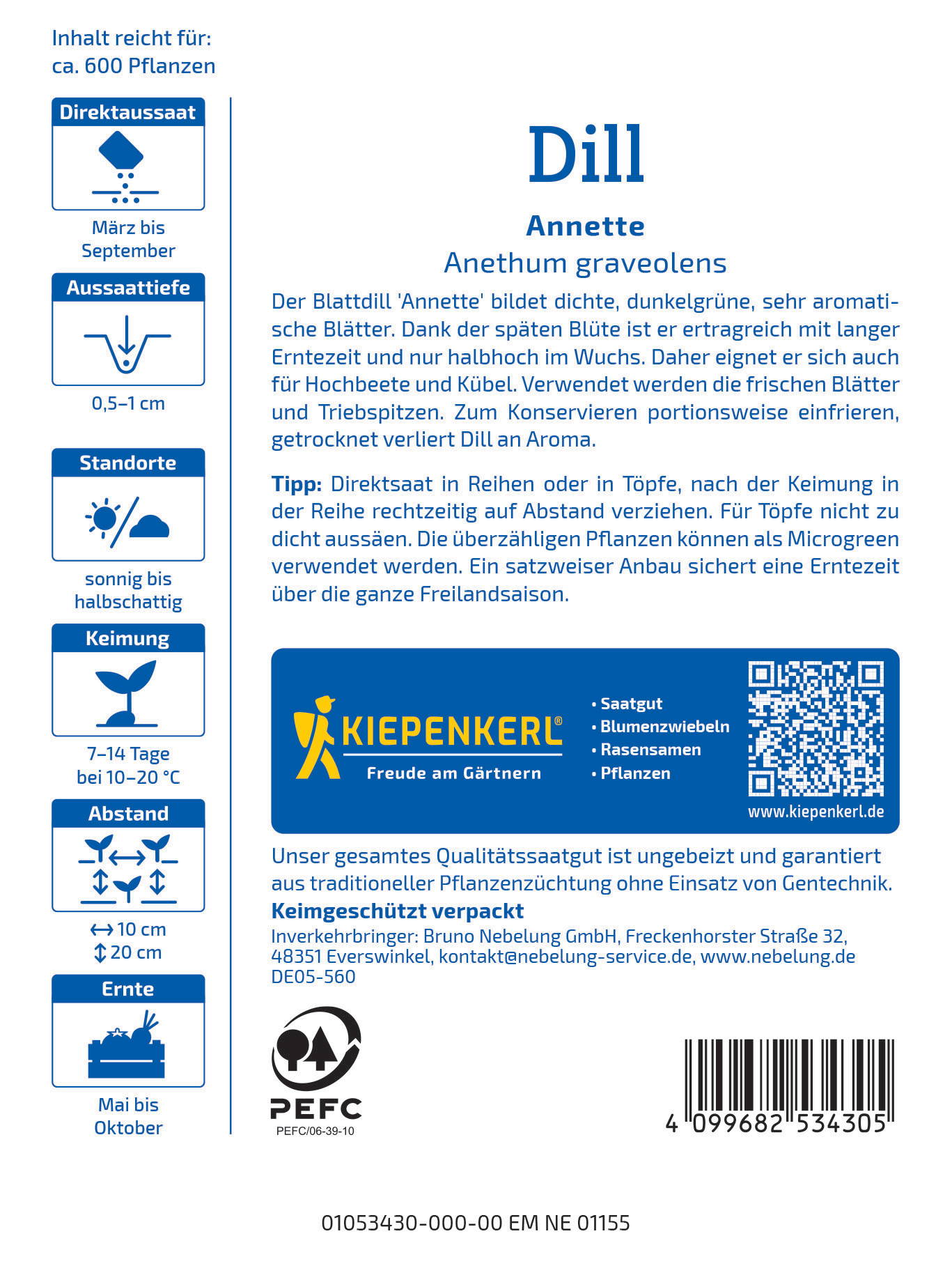 Packungsrückseite mit Informationen zu Dill Annette, Anethum graveolens, Verwendung, Anbau, Pflege und Händler.