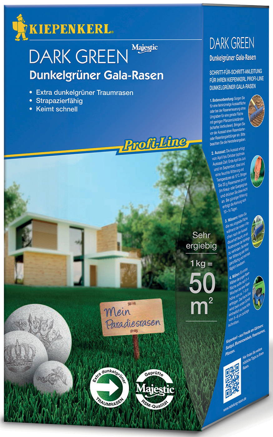 Auf dem Bild ist eine Verpackung für dünggrünen Rasen mit einem Haus im Hintergrund, Gräser, ein Schild und Logos.