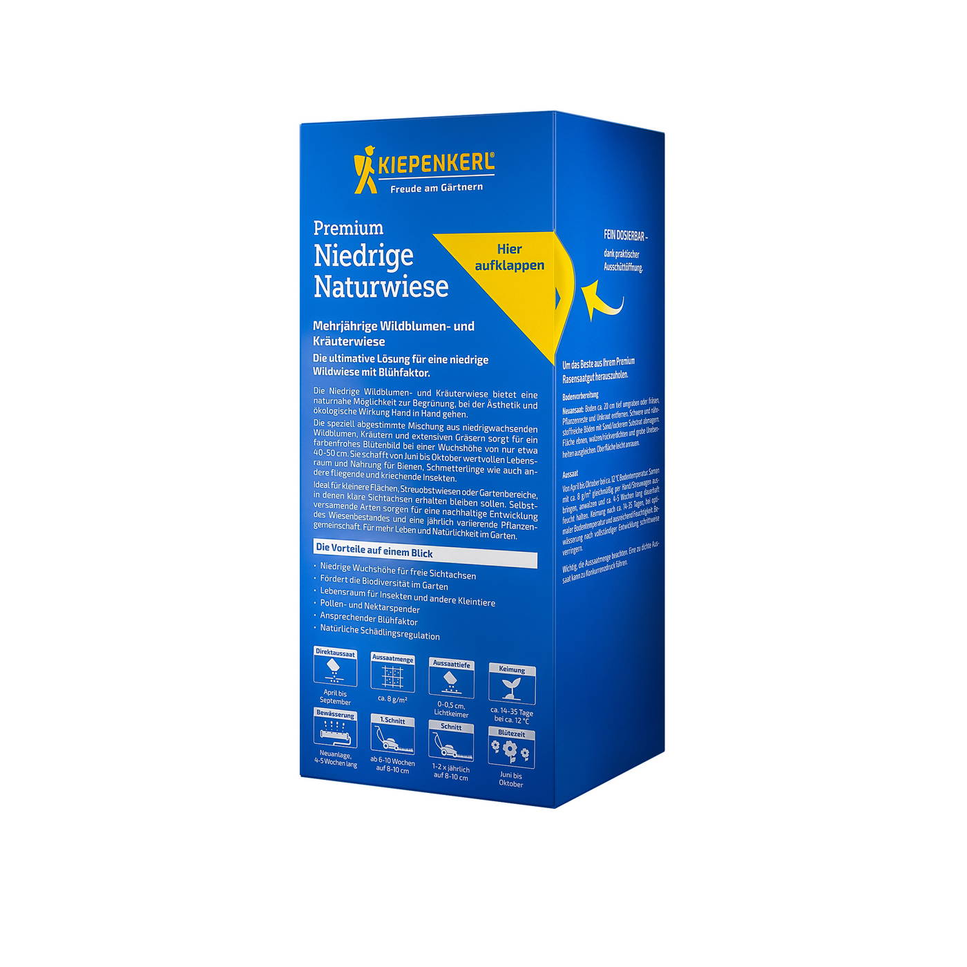 Blaue Verpackung mit gelbem Pfeil und Text, Produktname Niedrige Wildwiesen, beschreibt Inhaltsstoffe und Anwendung.