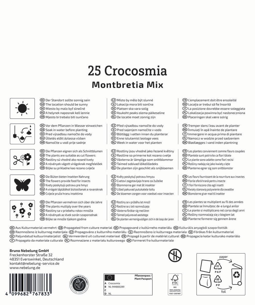 Pflanzanleitung mit Text in mehreren Sprachen, Icons für Pflegehinweise und ein Icon für Recycling.