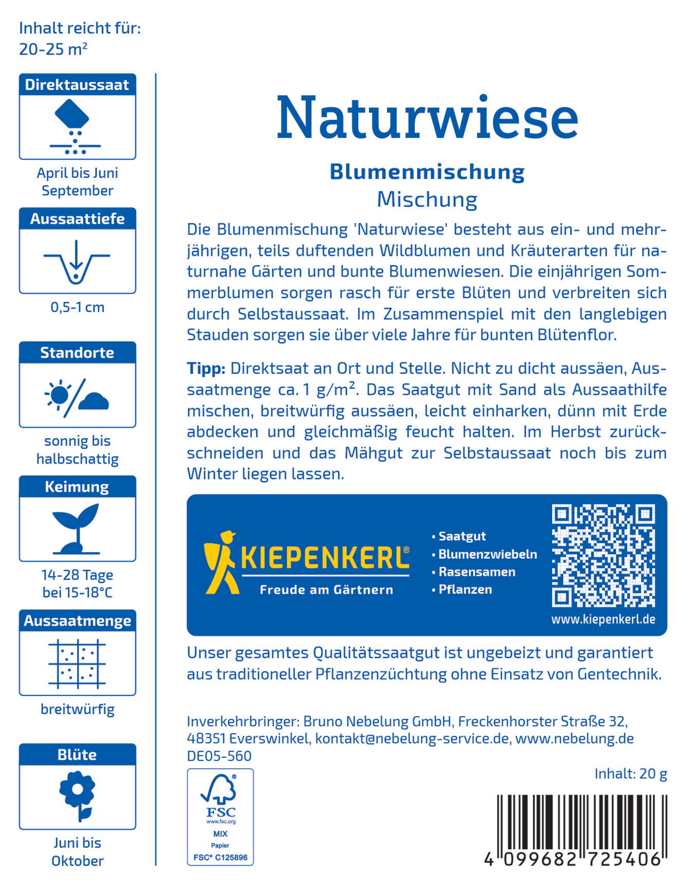 Blumenmischung für Naturwiese, enthält Wildblumen und Kräuter, für sonnige bis halbschattige Standorte, blüht Juni bis Oktober.