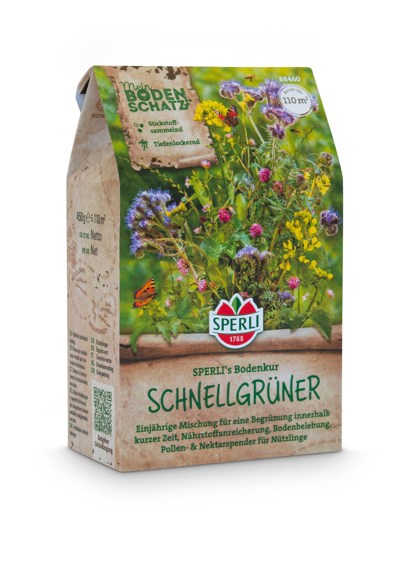 Packung mit bunten Blumen, Kräutern und Insekten, Pflanzenetikett und Spruch auf braunem Hintergrund.