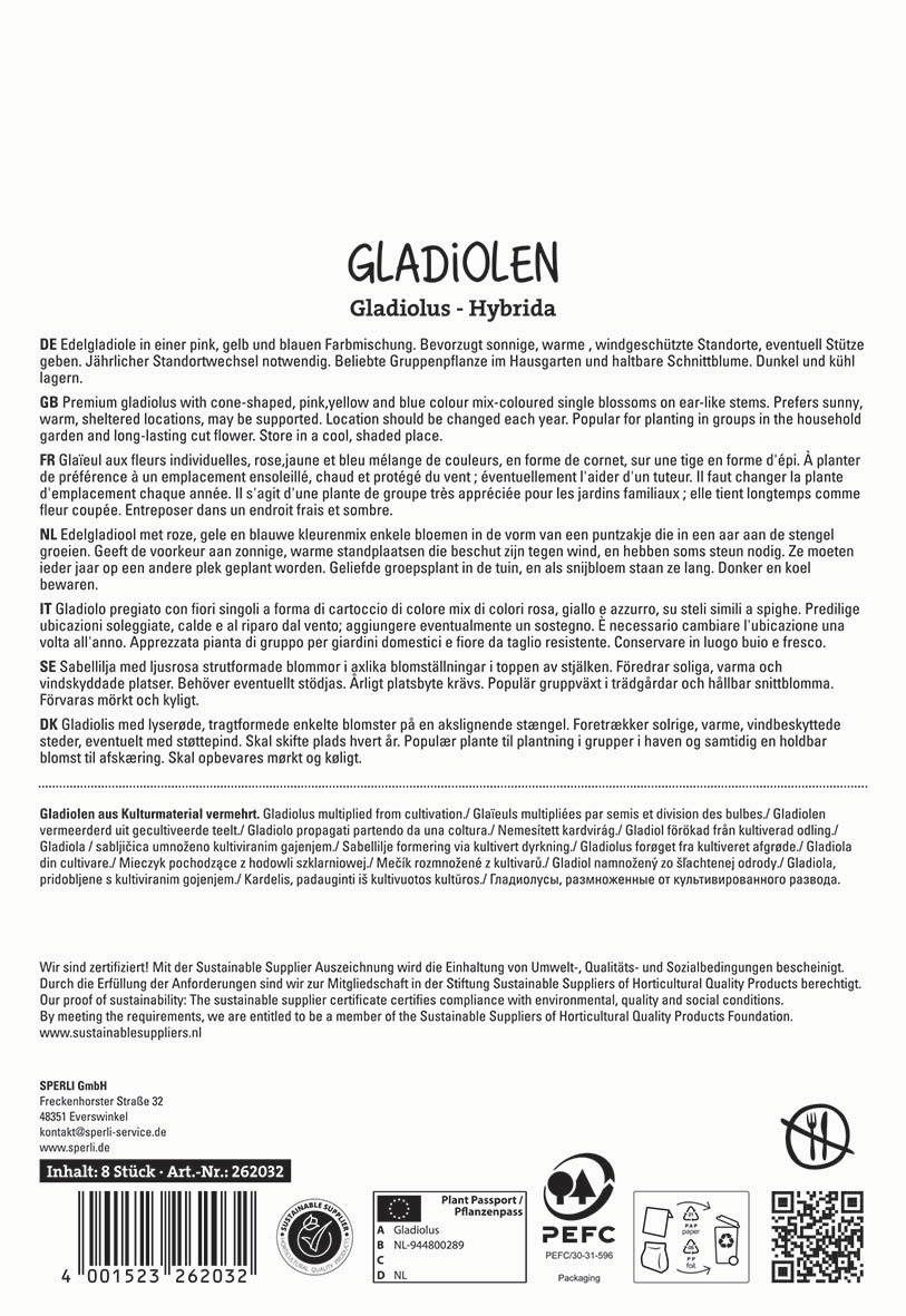 Text auf dem Bild über die Vielfalt, Pflege und Verträglichkeit der Gladiolen, inklusive Zertifizierungs- und Umweltzeichen.
