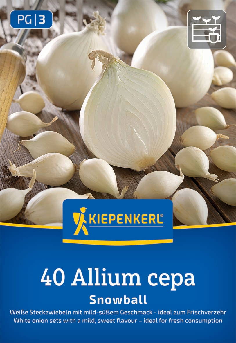 Weiße Zwiebeln, eine geviertelte und mehrere ganze, liegen auf einem Holzbrett, Verpackung mit Produktnamen und Beschreibung.