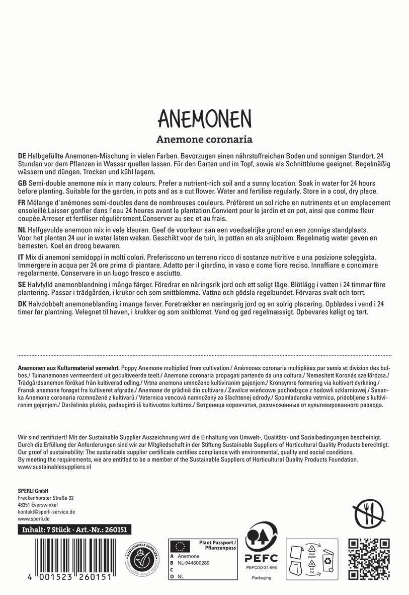 Text über Anemonen in mehreren Sprachen, Angaben zu Inhaltsstoffen, Zertifizierungen, Herstellerinformationen und Symbolen.