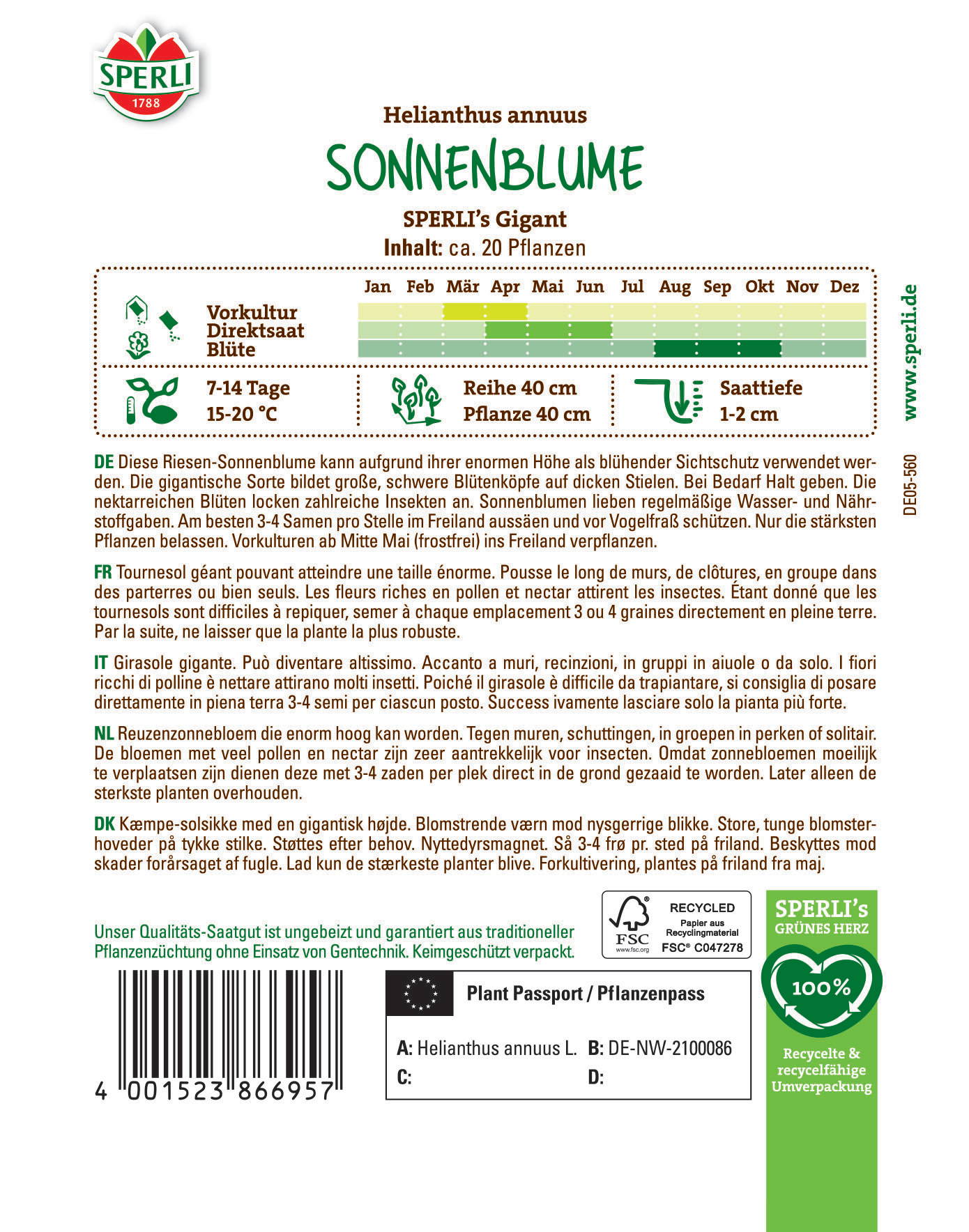 Große Sonnenblume mit gelben Blüten und grünen Blättern, Text auf der Verpackung.