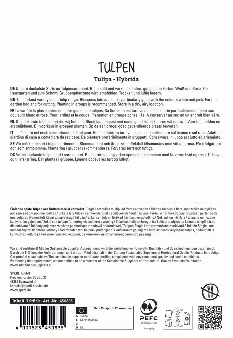 Bild zeigt eine Packung mit sieben Tulpenzwiebeln, Label mit Art-Nr und Pflanzpassport.