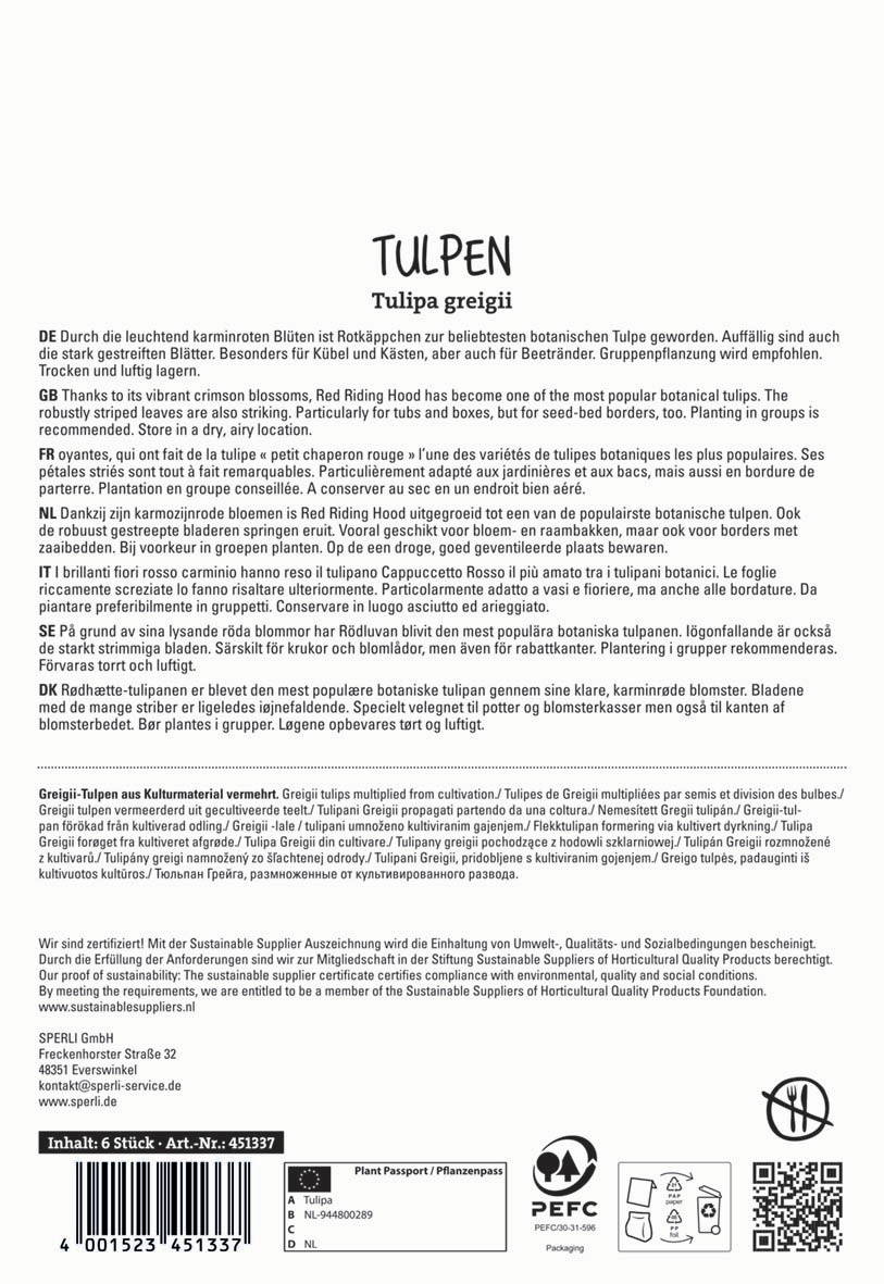 Beschreibung des Inhalts: Verpackung mit Text über Tulpen, Herstellerinformationen und Pflanzanleitung