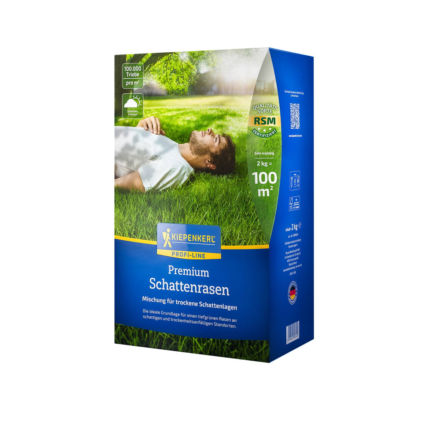Packung mit grünem und blauen Design, Frau liegt auf Gras, Naturhintergrund, Beschriftung in Deutsch.
