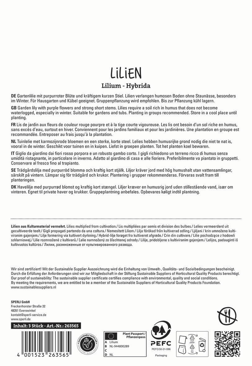 Text auf der Verpackungstüte mit Produktbeschreibung und Informationen in mehreren Sprachen.