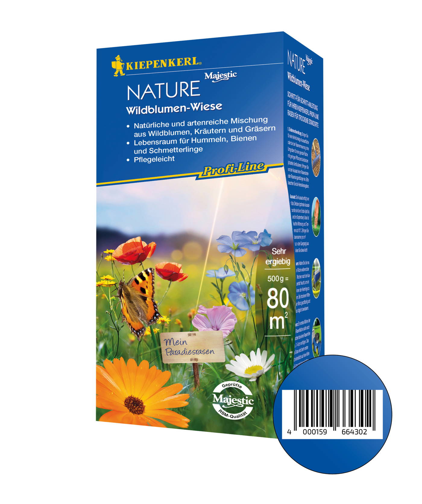 Bunte Wildblumenwiese mit Schmetterling, Blumen, Gartenverschluss, Blumentopf, kleines Schild, Barcode.