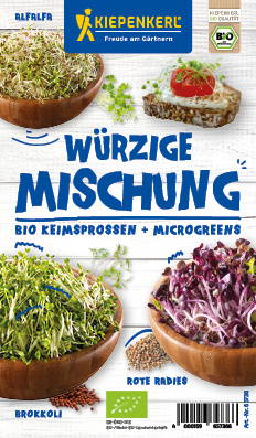 Kiepenkerke Bio Kräutermischung mit Microgreens, Radieschen und Brokkoli in Holzschalen auf weißem Hintergrund.