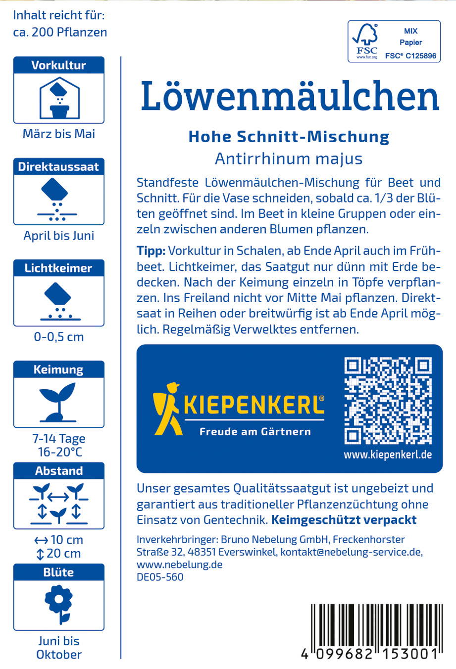 Löwenmäulchen Pflanze mit hohem Schnitt-Mix, Blüten, Saatgut, QR-Code, Kiepenkerl-Logo.